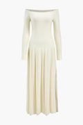 Pleated Off Shoulder Patchwork Side Slit Long Sleeve Maxi Dress