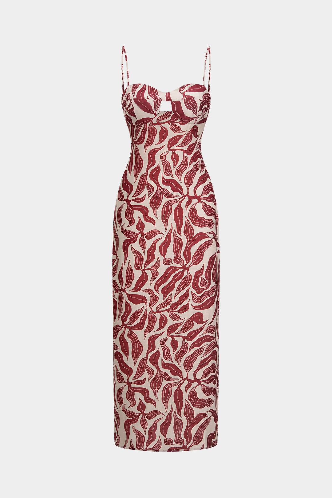 Leaves Print Cut Out Sleeveless Midi Dress