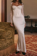 Satin Patchwork Backless Long Sleeve Maxi Dress