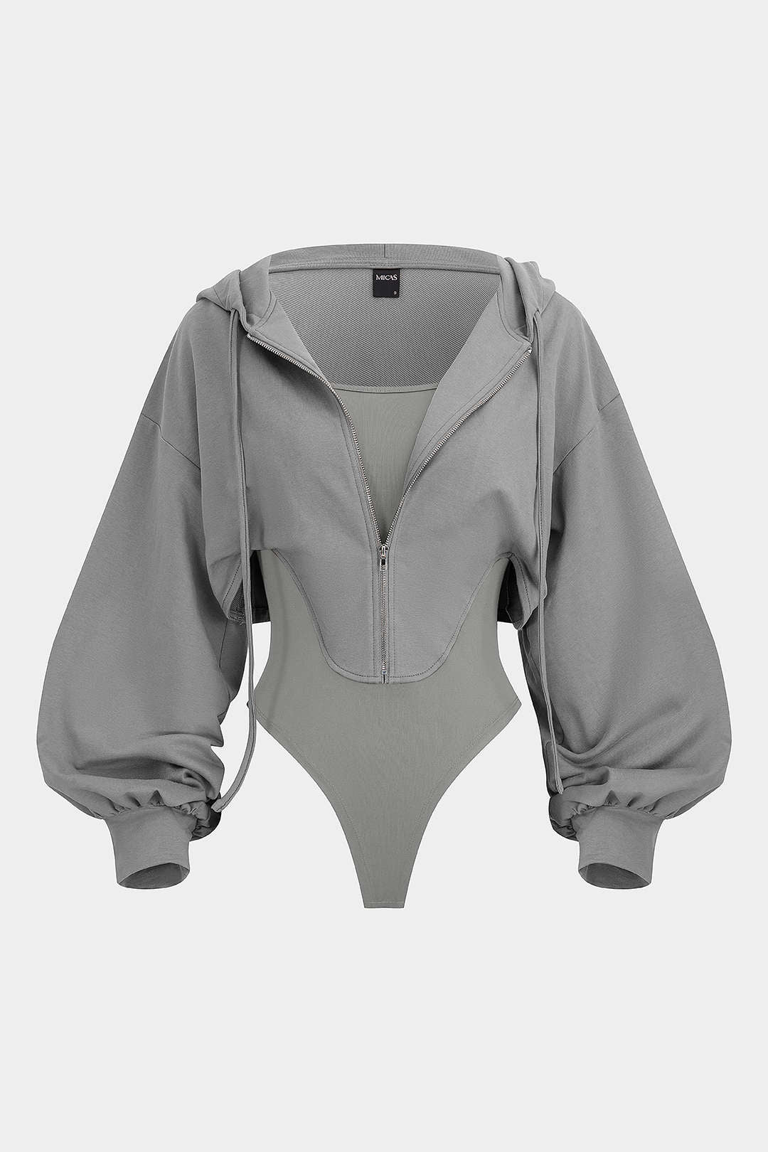 Contrast Hooded Zipper Drawstrings Long-Sleeve Bodysuit