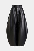 Faux Leather Braided Belted High Waist Barrel Trousers