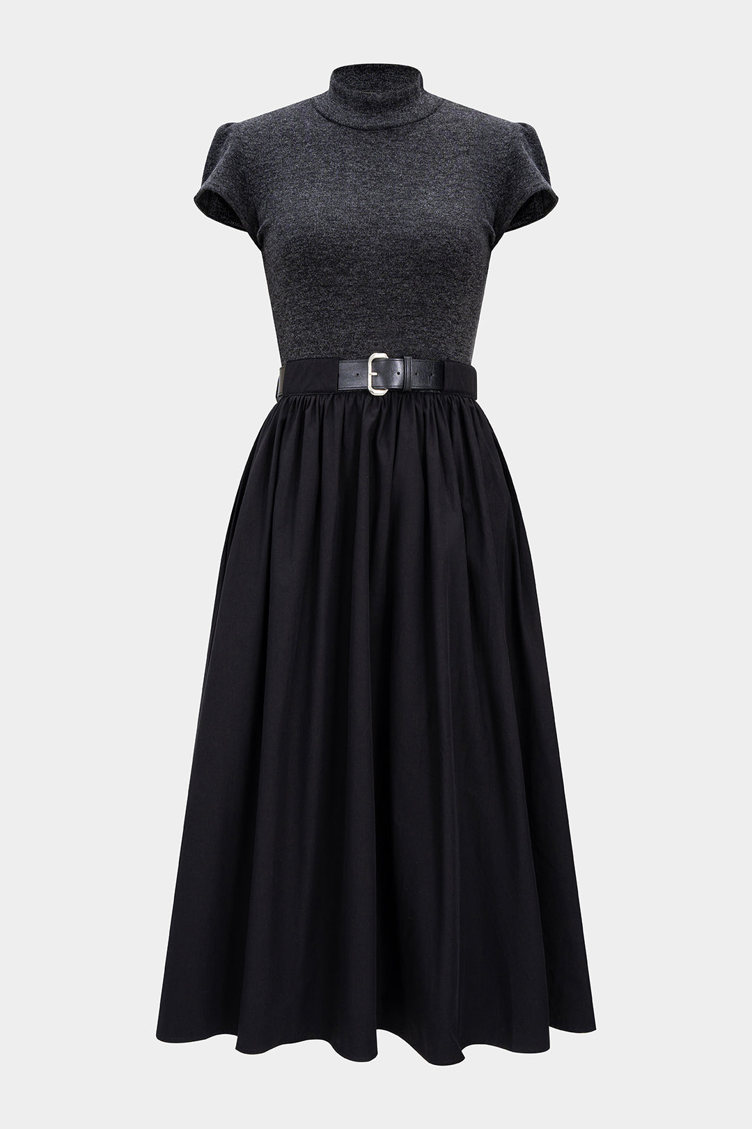 Mock Neck Patchwork Belted Short Sleeve Midi Dress