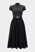 Mock Neck Patchwork Belted Short Sleeve Midi Dress