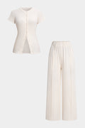 Solid Round Neck Button Short Sleeve Top And High Waist Pants Set
