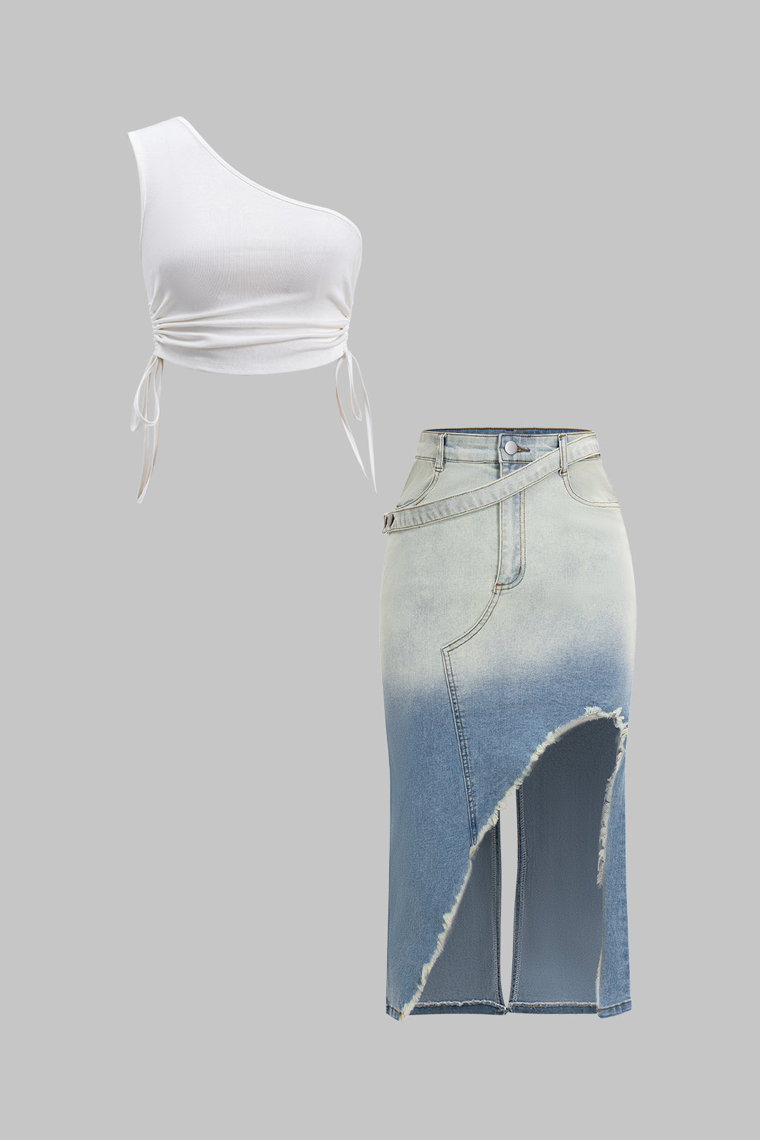 Ruched One Shoulder Asymmetrical Drawstring Top And Denim Washed Button Pocket Slit Skirt Set