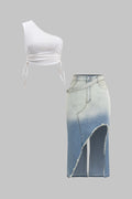 Ruched One Shoulder Asymmetrical Drawstring Top And Denim Washed Button Pocket Slit Skirt Set