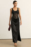 Satin Patchwork Lace Round Neck Ruched Sleeveless Maxi Dress