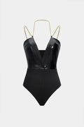 Faux Leather Chain Patchwork Sleeveless V-Neck Bodysuit