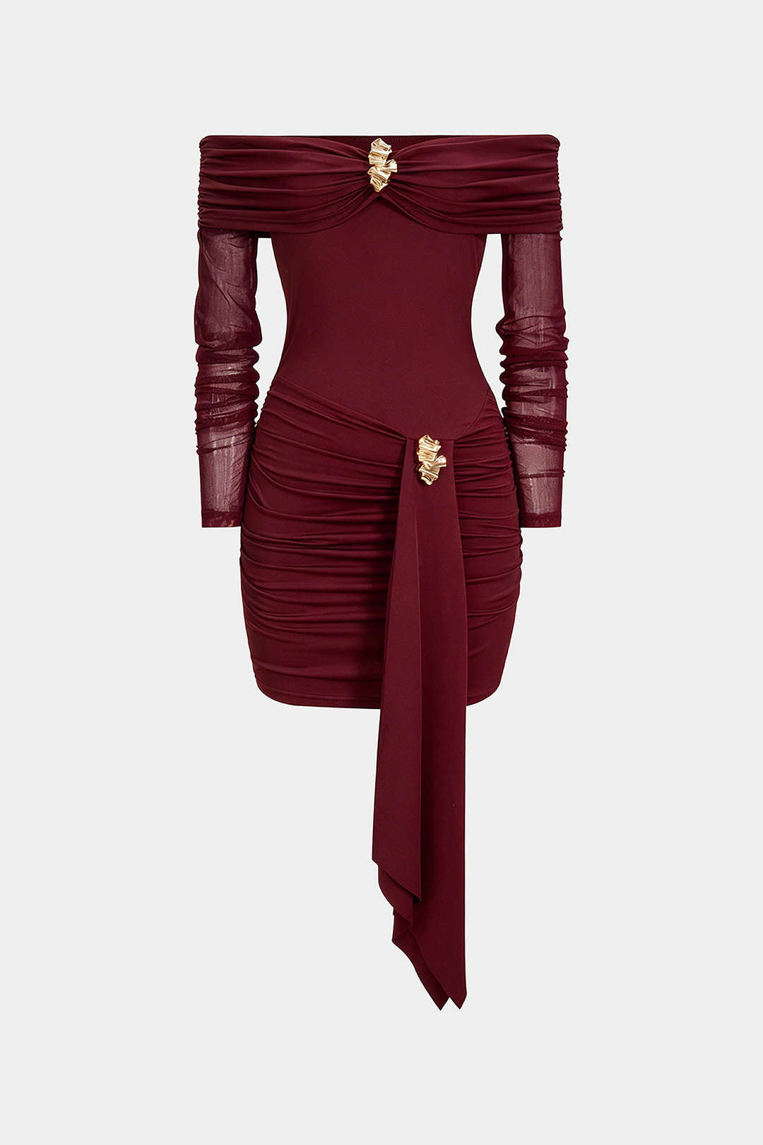 Off Shoulder Sheer Metallic Decor Ruched Long Sleeve Mini Dress