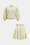Solid Long-Sleeve Top And Pleated Skirt Set