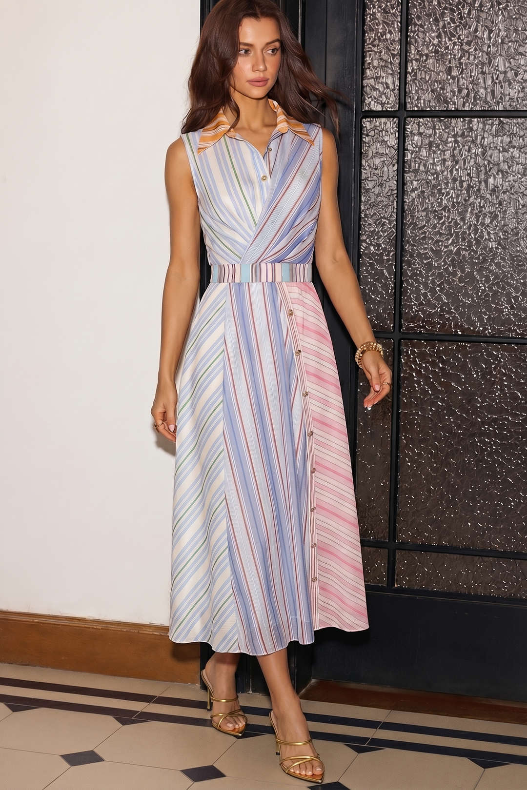 Stripes Print Lapel Sleeveless Maxi Dress