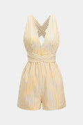 Stripes Print V-Neck Crossed Backless Sleeveless Romper