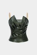 Faux Leather Metallic Chain Ruched Cami Top