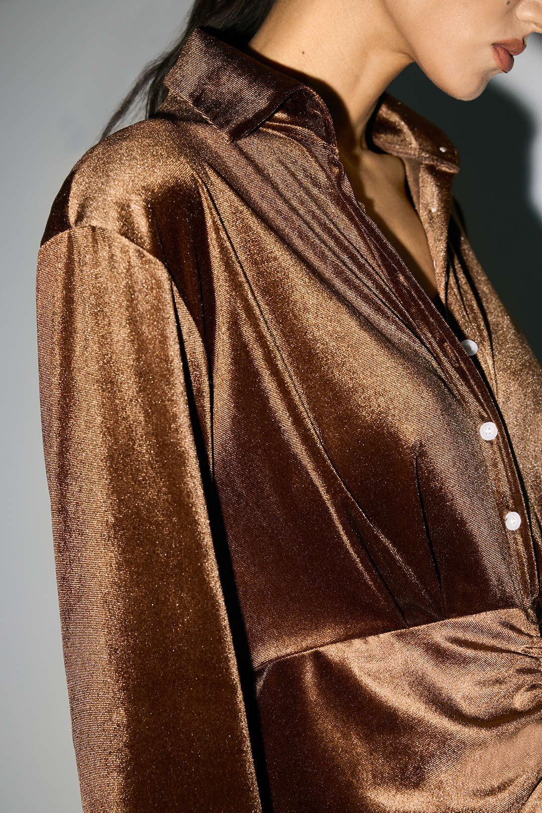 Velvet Ruched Lapel Button Slit Long Sleeve Midi Dress