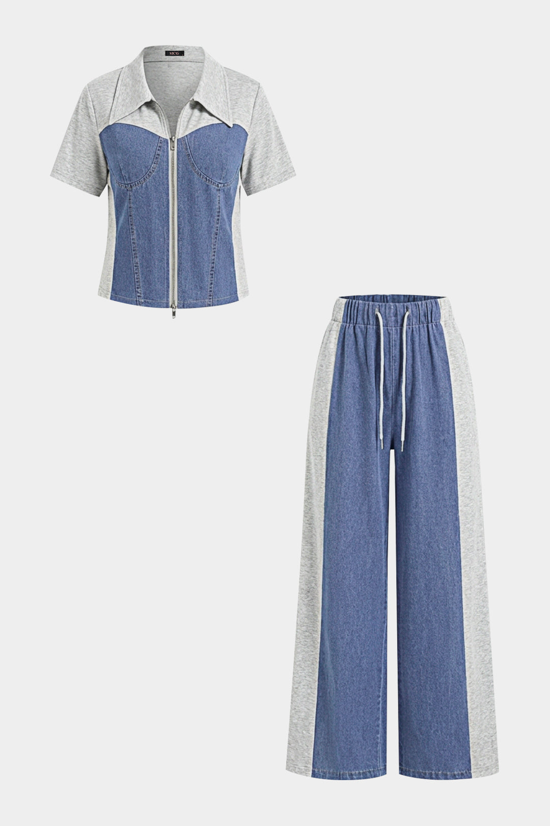 Denim Patchwork Lapel Short Sleeve Top And High Waist Wide Leg Jeans Set