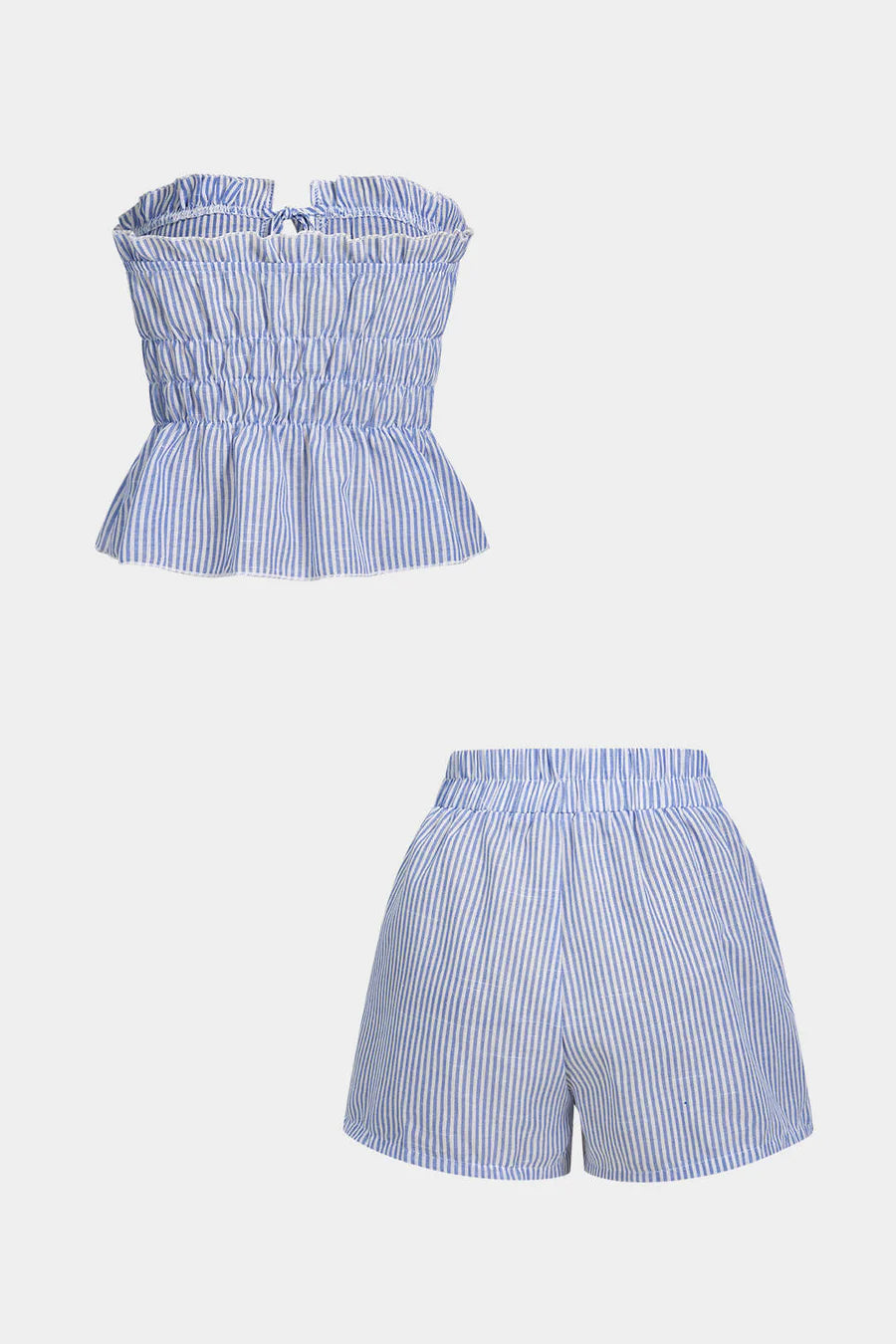 Stripes Print Ruffle Tie-Up Tube Top And Shirred Waistband Shorts Set