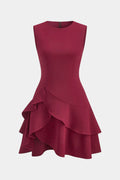 Asymmetrical Round Neck Ruffle Hem Sleeveless Mini Dress