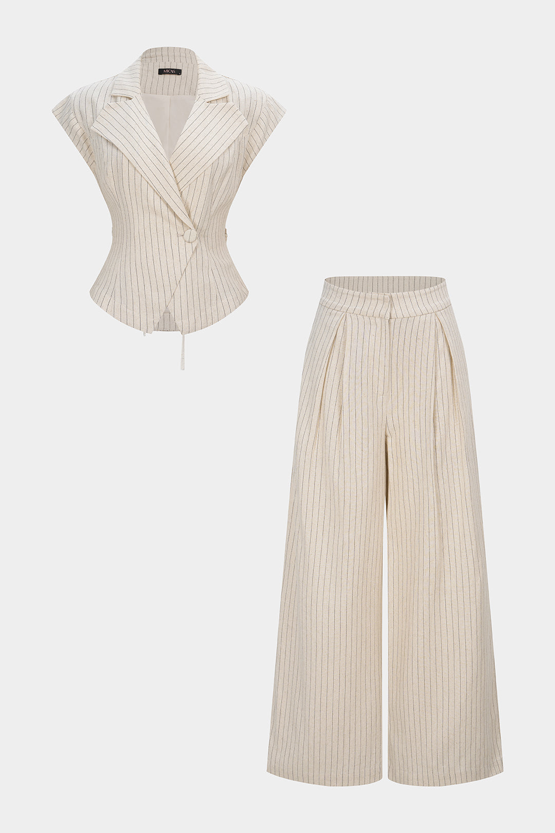 Stripes Print Linen Notched Lapel Tie Back Blazer And Wide Leg Pants Set