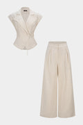 Stripes Print Linen Notched Lapel Tie Back Blazer And Wide Leg Pants Set
