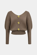 Solid Button V-Neck Sweater Long-Sleeve Top