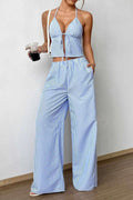 Stripes Print Halter Neck Tie-Up Cami Top And Wide Leg Pants Set
