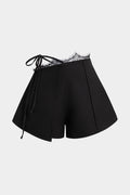 Lace Patchwork Asymmetrical Tie-Up Shorts