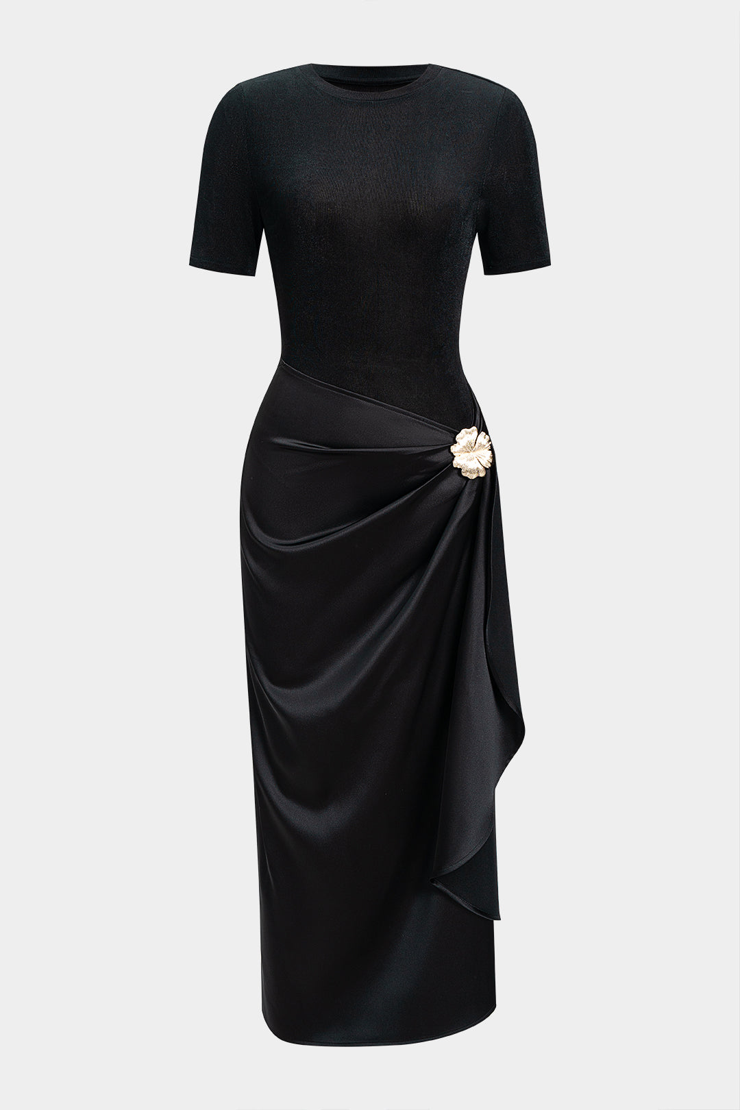Metallic Decor Ruched Short Sleeve Midi Dress