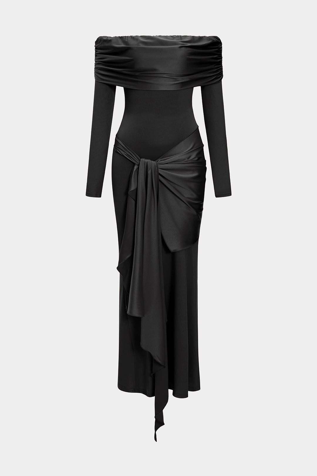 Off Shoulder Ruched Knotted Long-Sleeve Maxi Dress