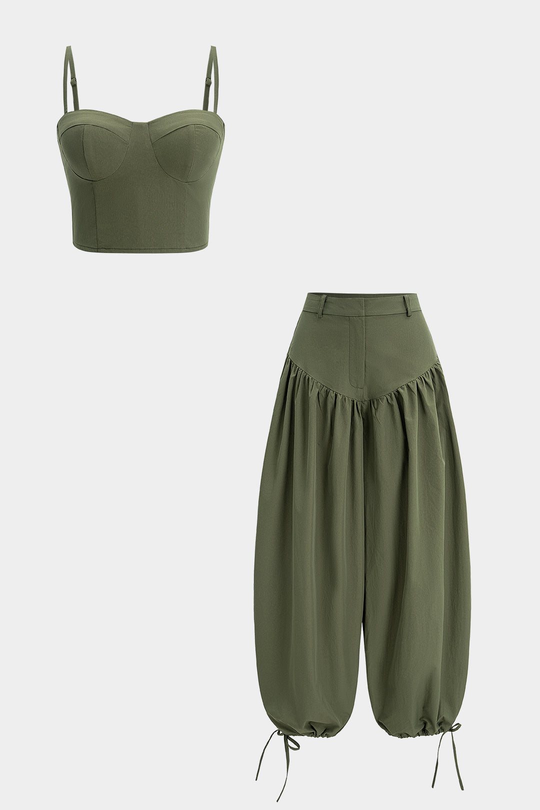 Solid Zipper Cami Top And Round Drawstring Balloon Pants Set