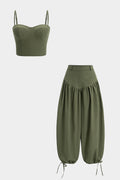 Solid Zipper Cami Top And Round Drawstring Balloon Pants Set