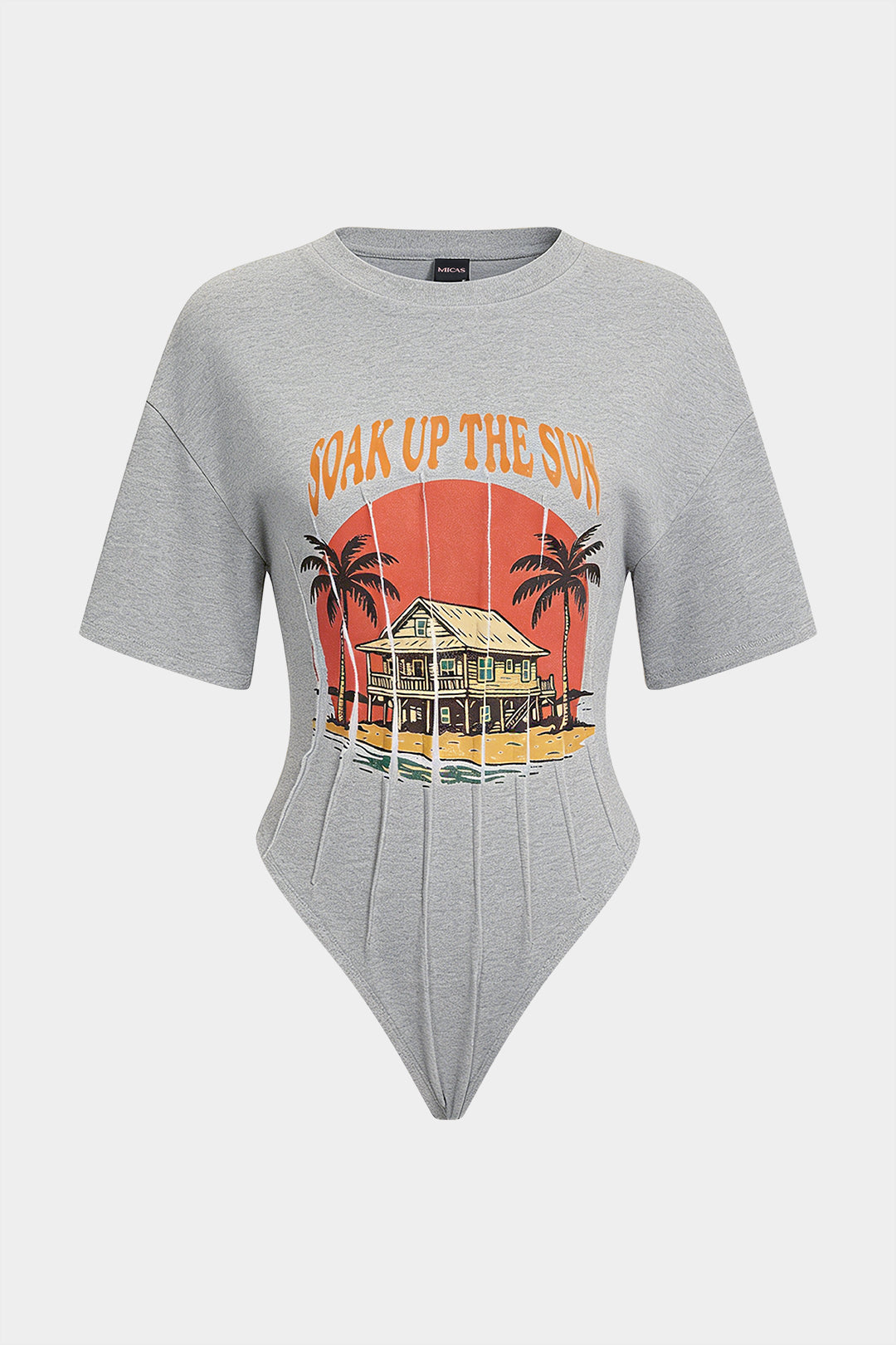 Coconut Palm Letter Print Round Neck Short Sleeve Bodysuit