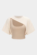 Contrast Asymmetrical Round Neck Two-Piece Short Sleeve Top