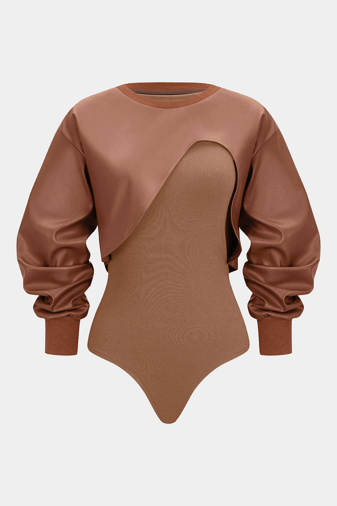 Faux Leather Patchwork Round Neck Asymmetrical Long Sleeve Bodysuit