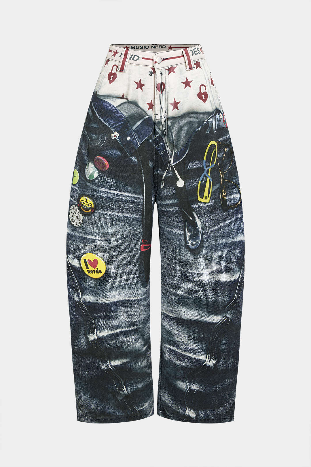 Contrast Denim Print Barrel Pants