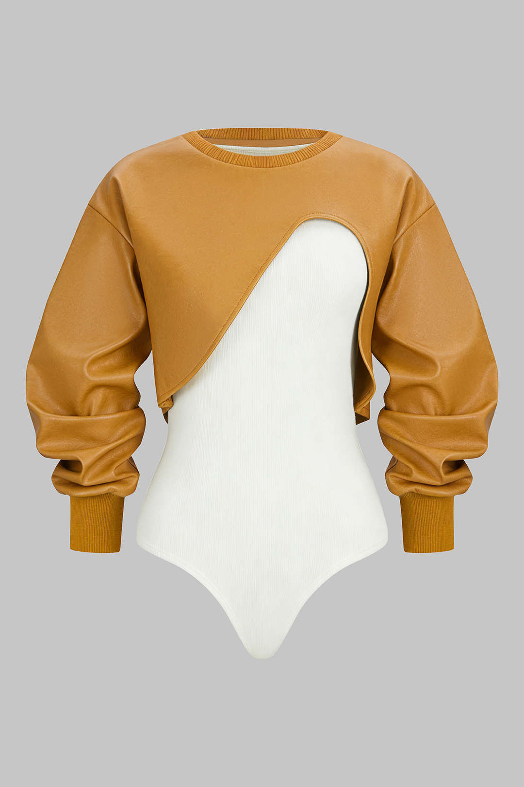 Faux Leather Patchwork Round Neck Asymmetrical Long Sleeve Bodysuit