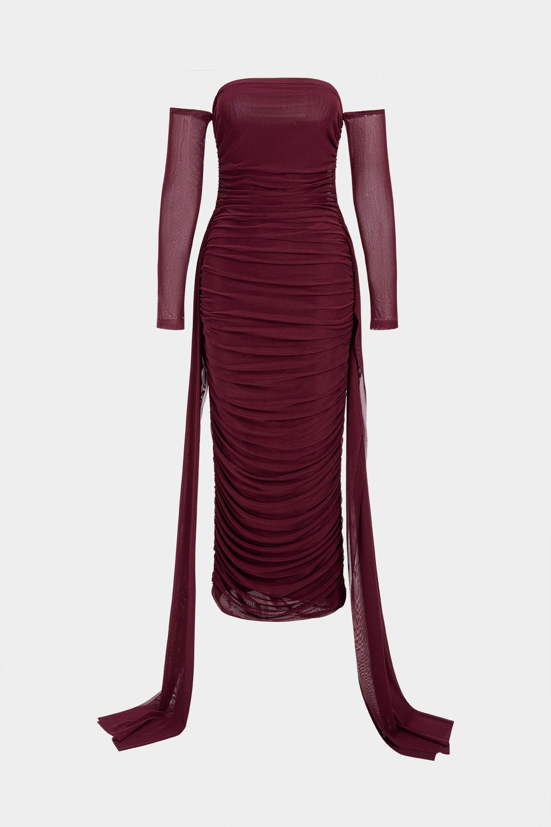 Mesh Off Shoulder Ruched Long Sleeve Maxi Dress