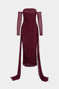 Mesh Off Shoulder Ruched Long Sleeve Maxi Dress