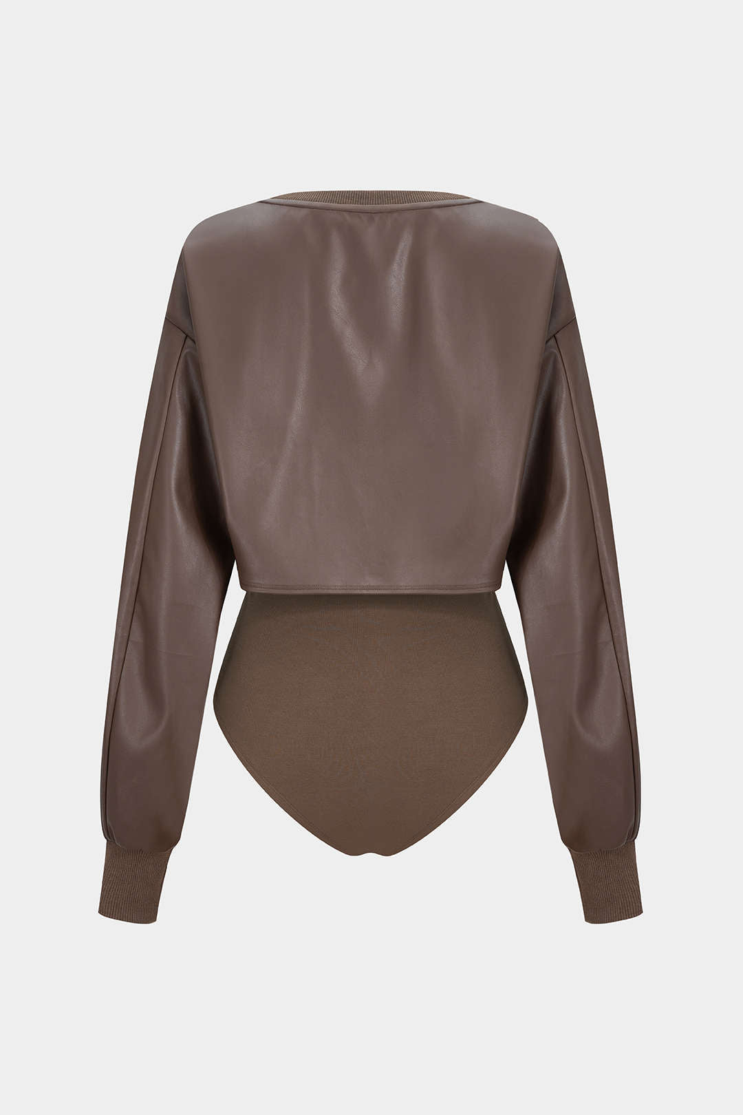 Faux Leather Patchwork Round Neck Asymmetrical Long Sleeve Bodysuit