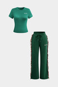 Letter Print T-shirt And Tassel Drawstring Pants Set