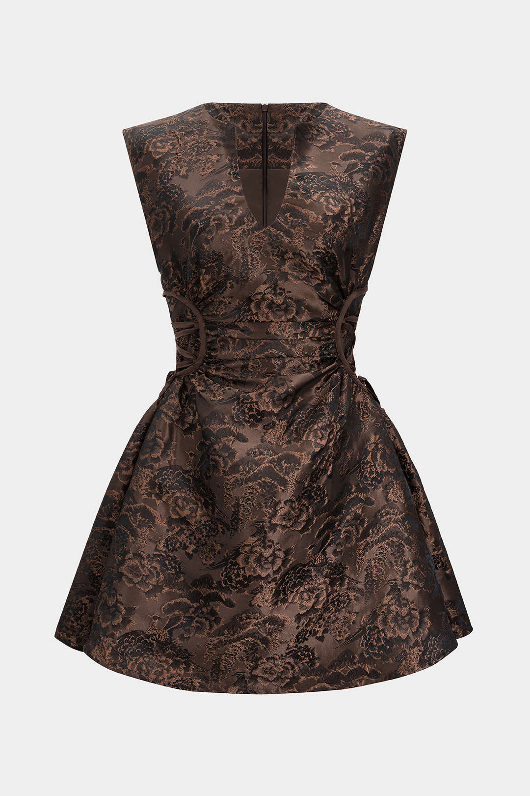 Jacquard Ruched Drawstring V-Neck Zipper Sleeveless Mini Dress