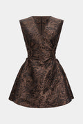 Jacquard Ruched Drawstring V-Neck Zipper Sleeveless Mini Dress