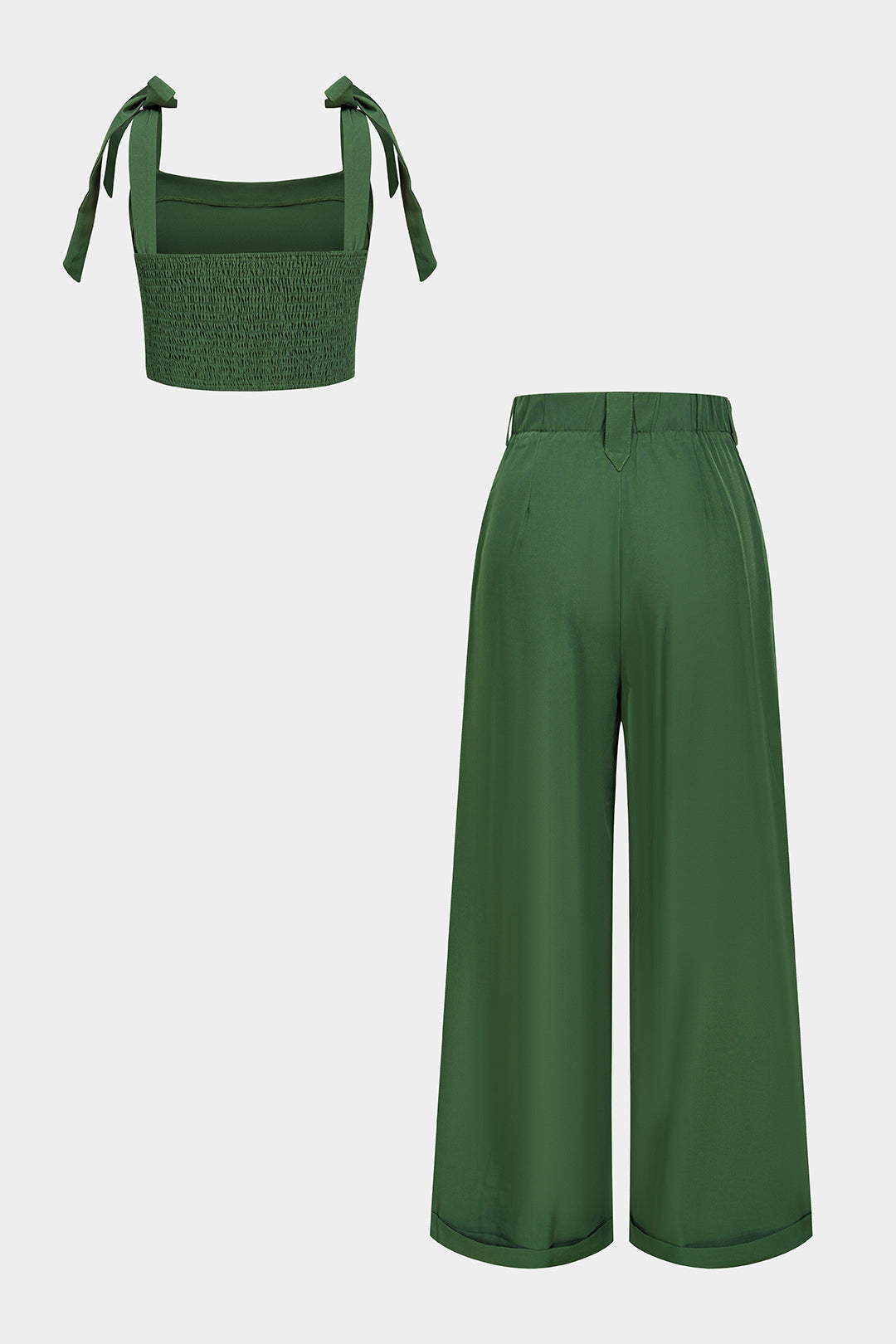 Tie-Up Button Smocked Cami Top And High Waist Wide Leg Pants Set