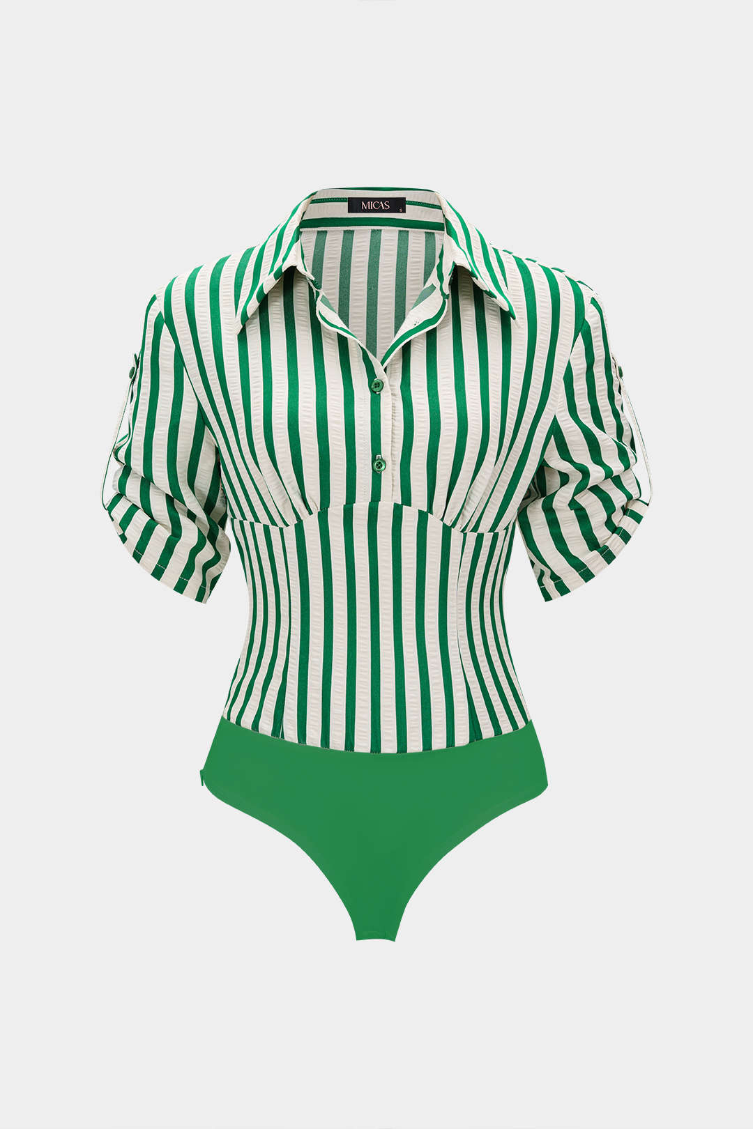 Stripes Print Button Patchwork Ruched V-Neck Short Sleeve Bodysuit