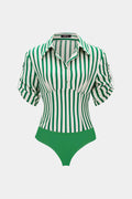 Stripes Print Button Patchwork Ruched V-Neck Short Sleeve Bodysuit