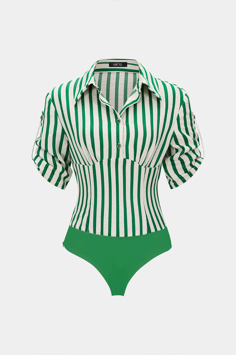 Stripes Print Button Patchwork Ruched V-Neck Short Sleeve Bodysuit