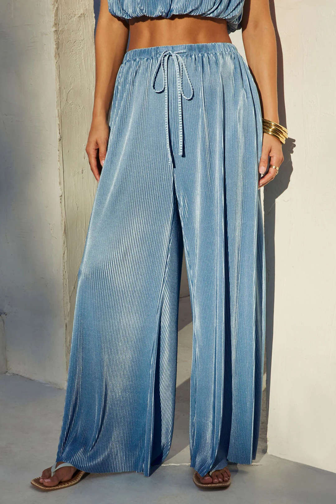 Ruched Sleeveless Cropped Top And Drawstring Tie-Up Wide Leg Pants Set