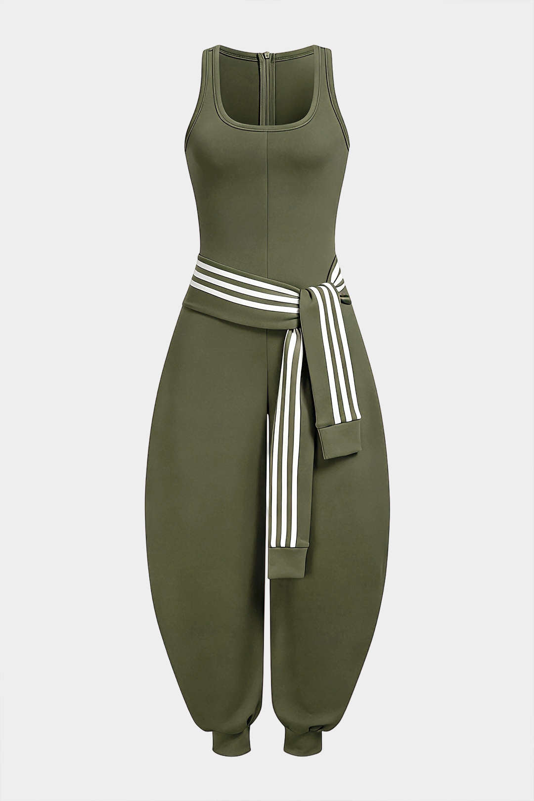 U-Neck Contrast Striped Tie-Up Zipper Barrel Jumpsuit