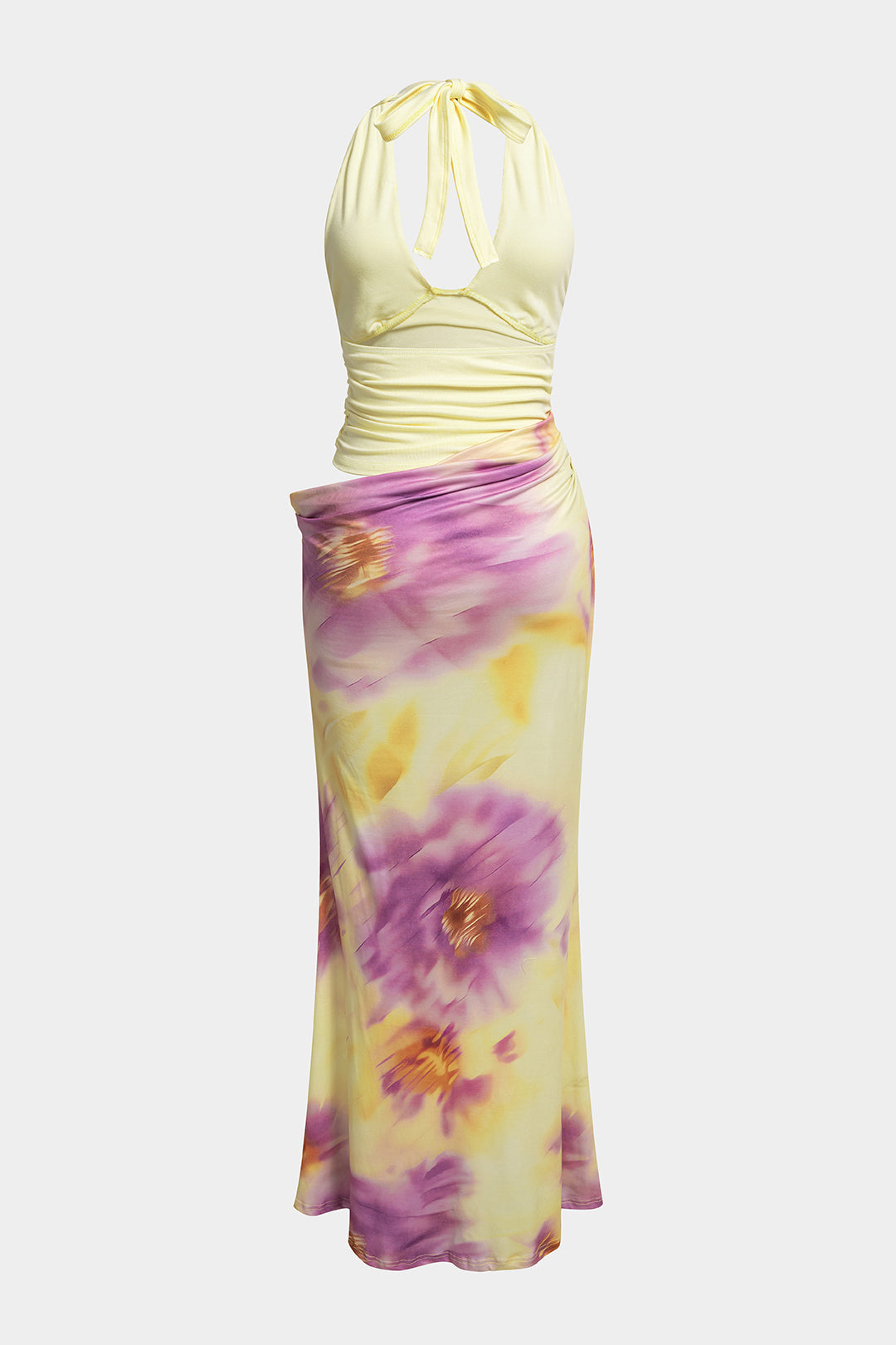 Floral Print Halter V-Neck Cut Out Tie-Up Asymmetrical Maxi Dress