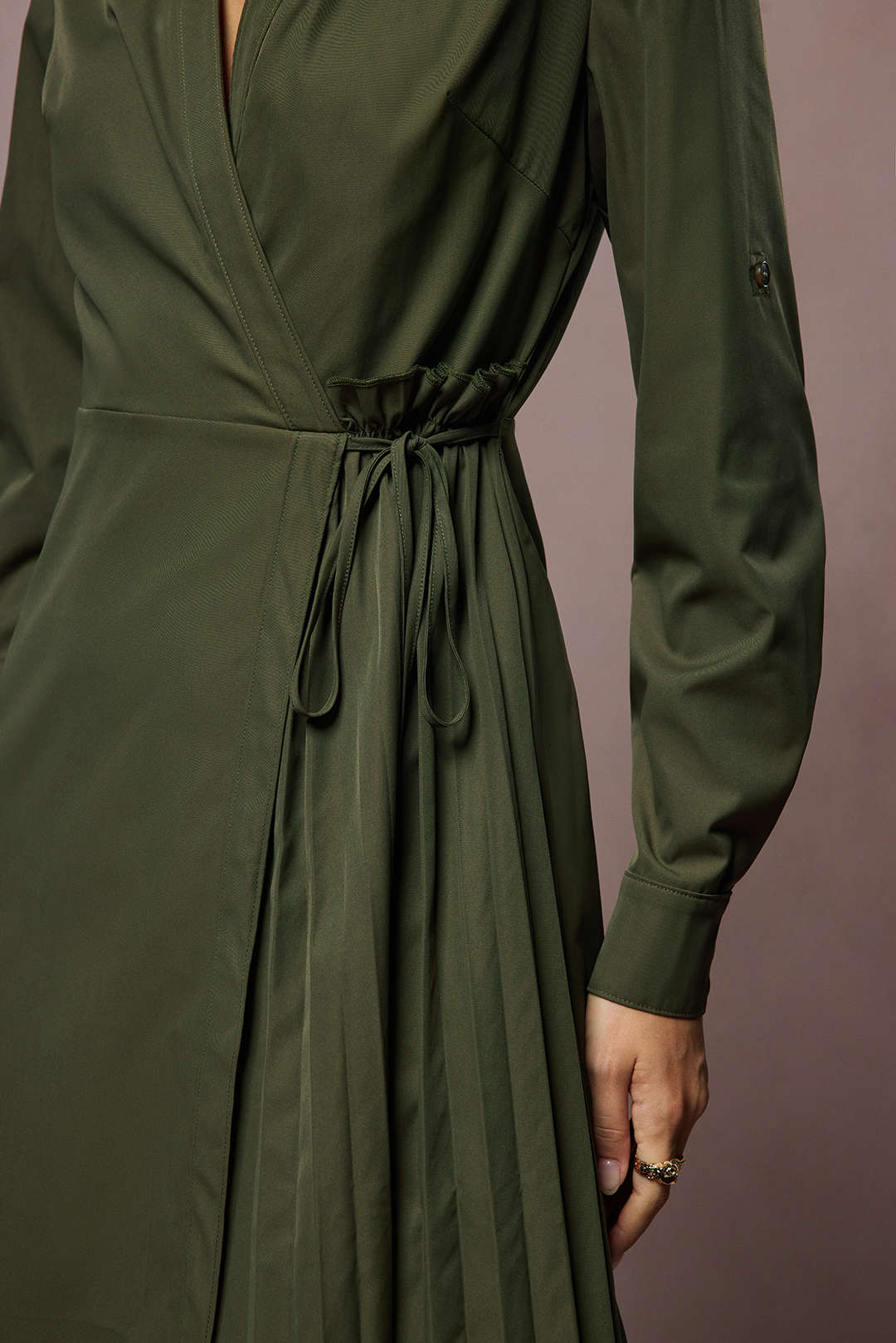 Tie-Up V-Neck Long Sleeve Midi Dress