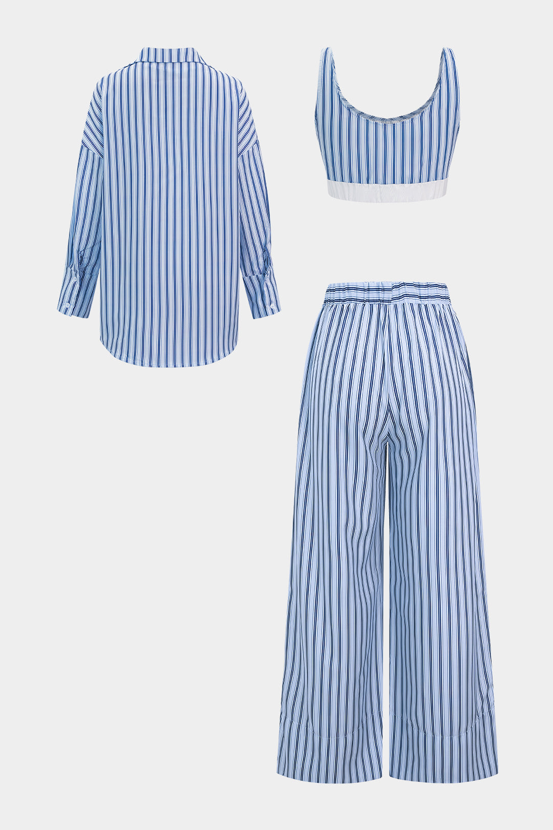 Stripes Print Cropped Tank Top And Long Sleeve Shirt And Drawstring Wide Leg Pants Set